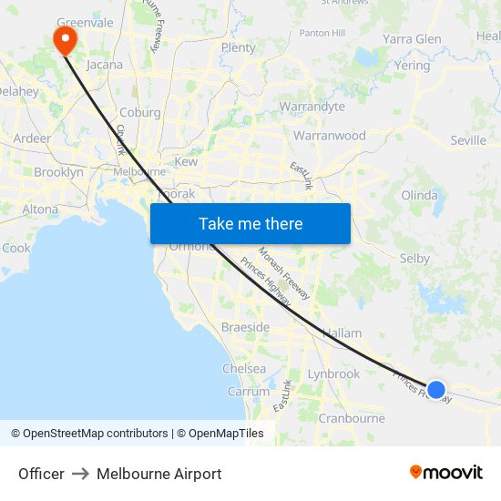 Officer to Melbourne Airport map