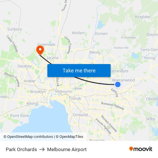 Park Orchards to Melbourne Airport map