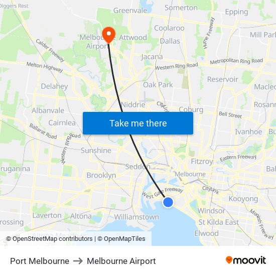 Port Melbourne to Melbourne Airport map