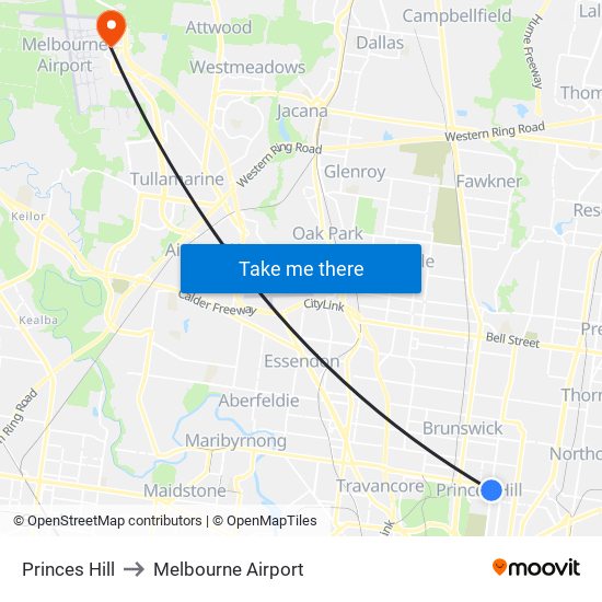 Princes Hill to Melbourne Airport map