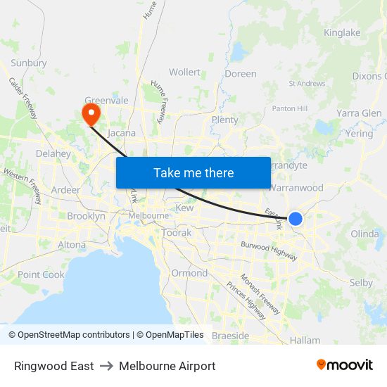 Ringwood East to Melbourne Airport map