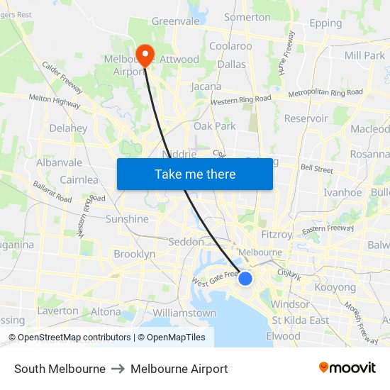 South Melbourne to Melbourne Airport map