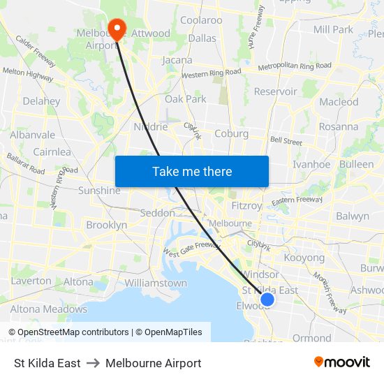 St Kilda East to Melbourne Airport map