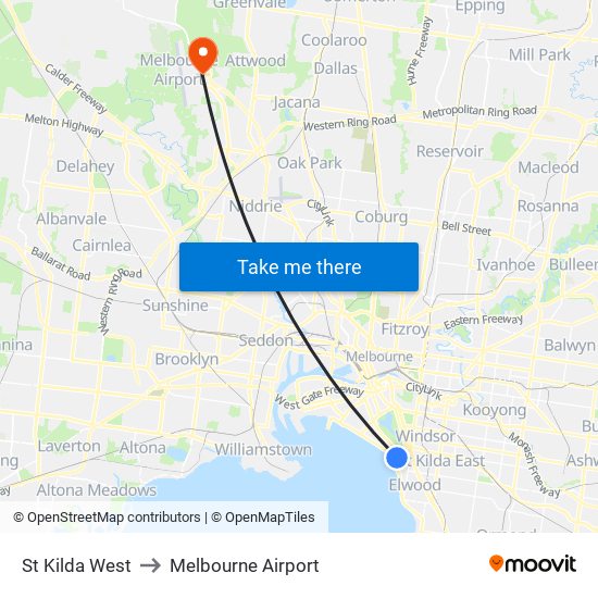 St Kilda West to Melbourne Airport map