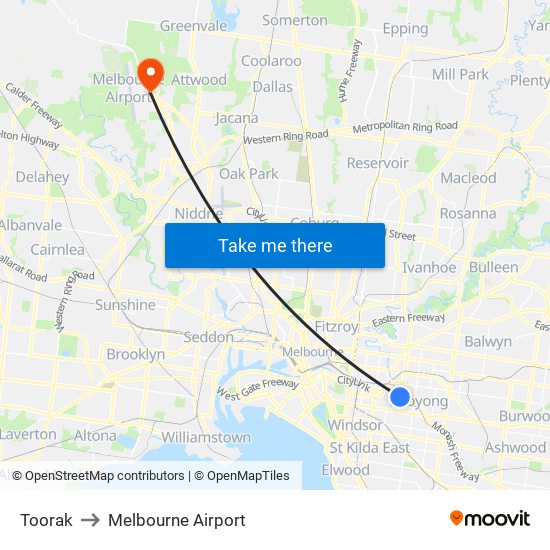 Toorak to Melbourne Airport map