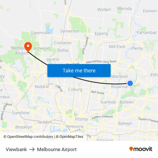 Viewbank to Melbourne Airport map