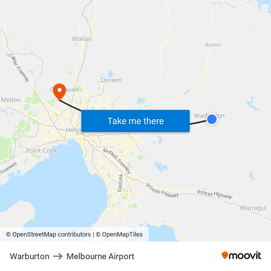 Warburton to Melbourne Airport map