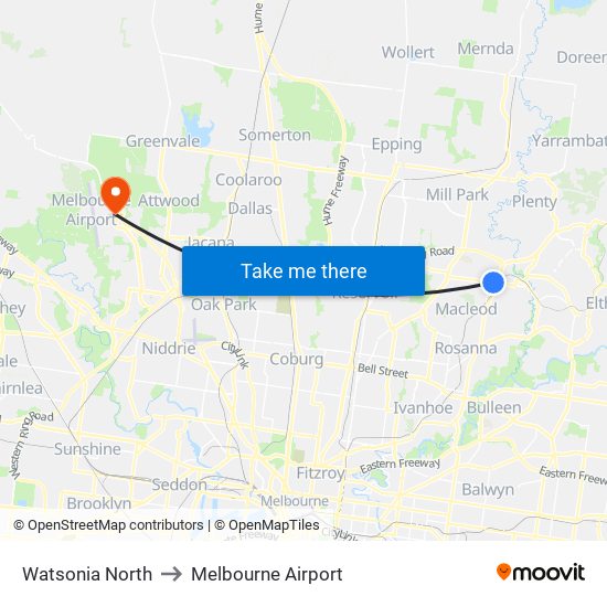 Watsonia North to Melbourne Airport map