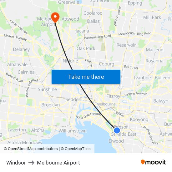 Windsor to Melbourne Airport map