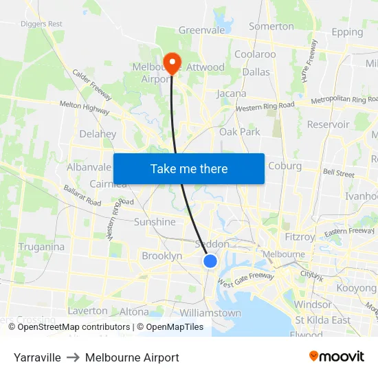 Yarraville to Melbourne Airport map