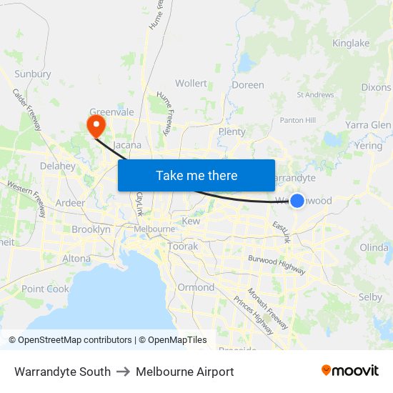 Warrandyte South to Melbourne Airport map