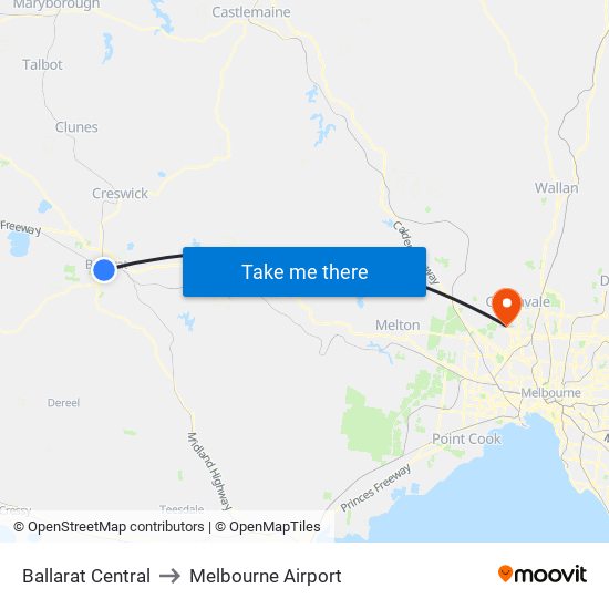 Ballarat Central to Melbourne Airport map