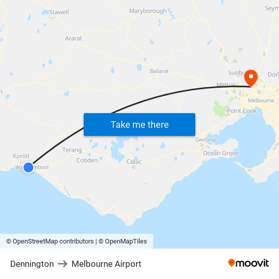 Dennington to Melbourne Airport map