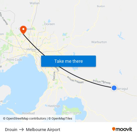 Drouin to Melbourne Airport map