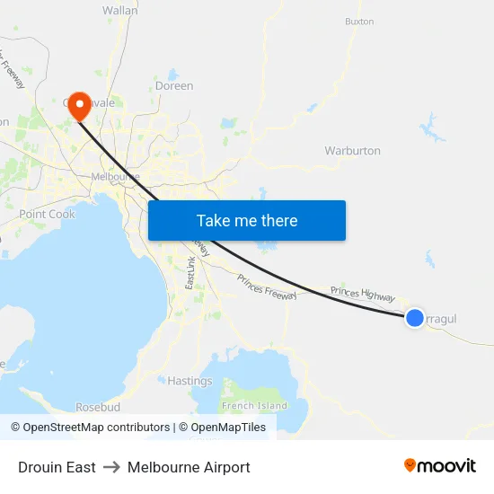 Drouin East to Melbourne Airport map