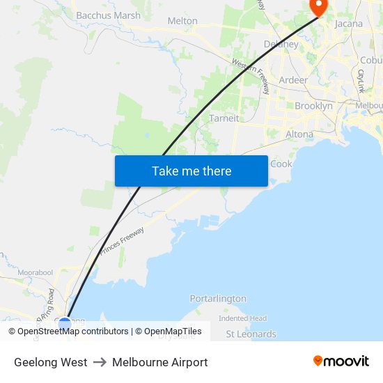 Geelong West to Melbourne Airport map