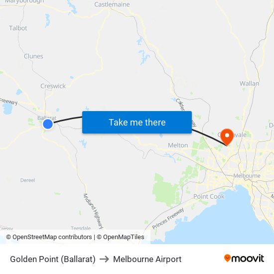 Golden Point (Ballarat) to Melbourne Airport map