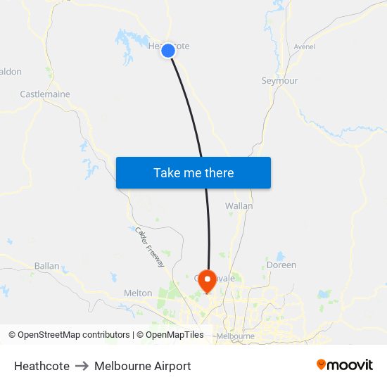 Heathcote to Melbourne Airport map