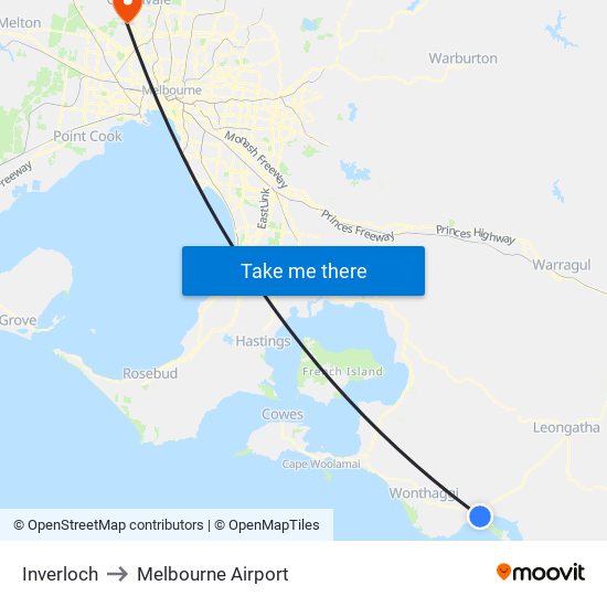 Inverloch to Melbourne Airport map