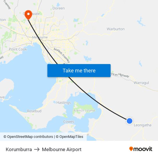 Korumburra to Melbourne Airport map