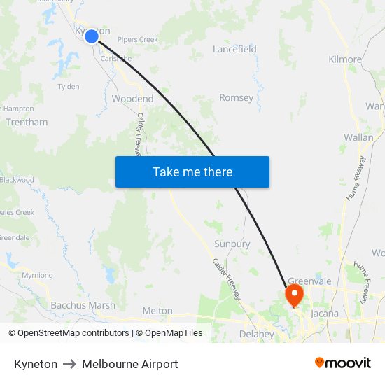 Kyneton to Melbourne Airport map