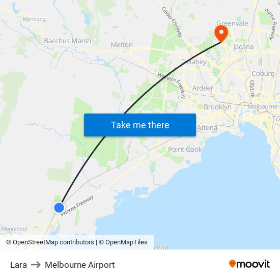 Lara to Melbourne Airport map