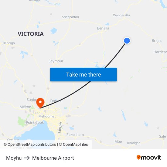 Moyhu to Melbourne Airport map