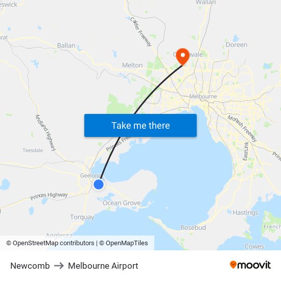 Newcomb to Melbourne Airport map