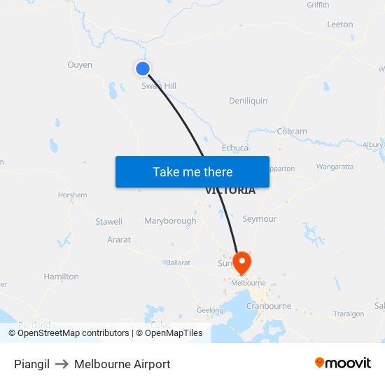 Piangil to Melbourne Airport map