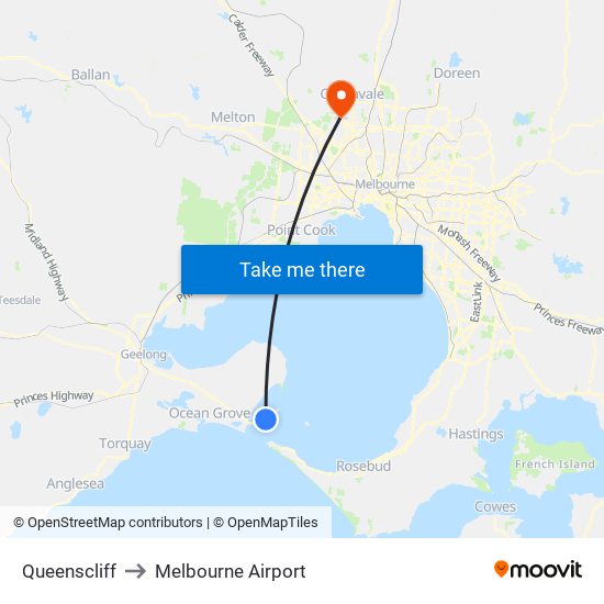 Queenscliff to Melbourne Airport map