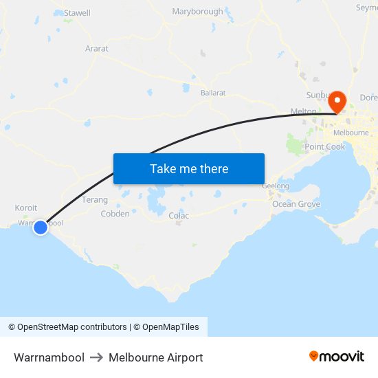 Warrnambool to Melbourne Airport map