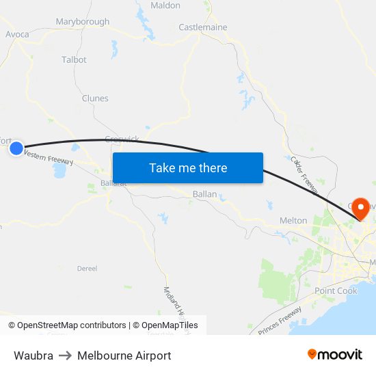 Waubra to Melbourne Airport map