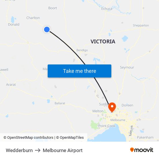 Wedderburn to Melbourne Airport map