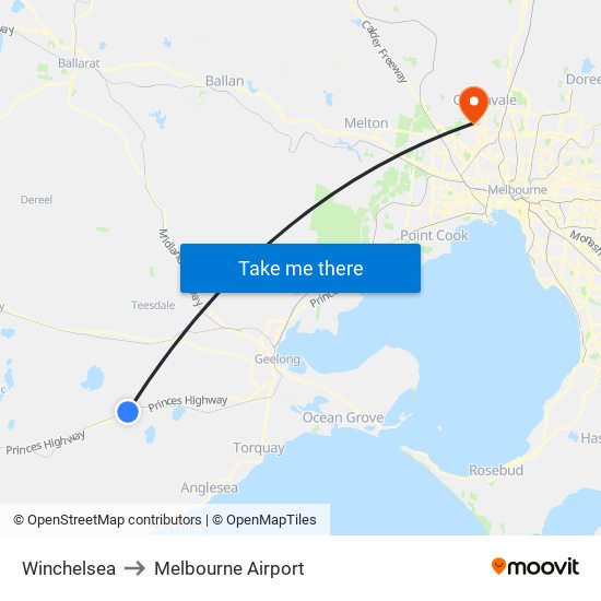 Winchelsea to Melbourne Airport map