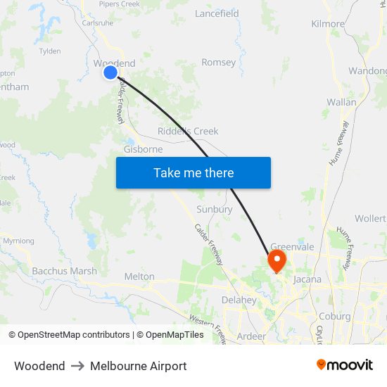 Woodend to Melbourne Airport map