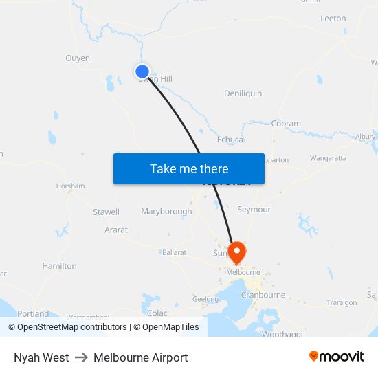 Nyah West to Melbourne Airport map