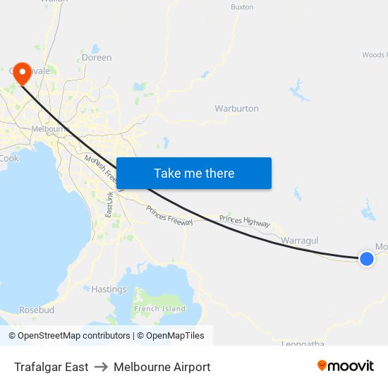 Trafalgar East to Melbourne Airport map