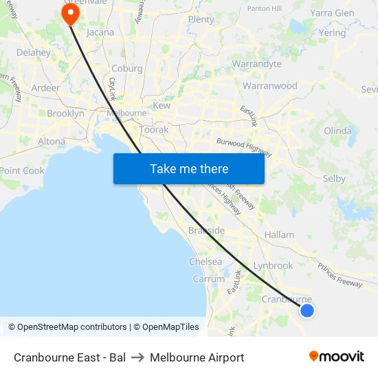 Cranbourne East - Bal to Melbourne Airport map