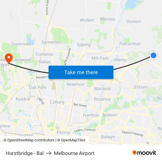 Hurstbridge - Bal to Melbourne Airport map