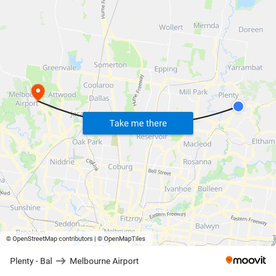Plenty - Bal to Melbourne Airport map