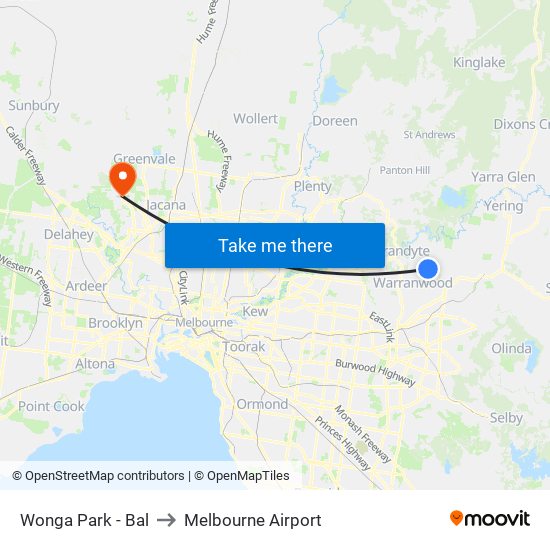 Wonga Park - Bal to Melbourne Airport map