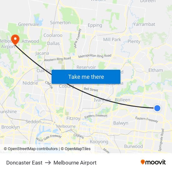 Doncaster East to Melbourne Airport map