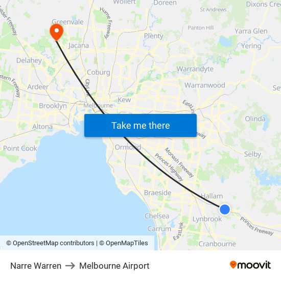 Narre Warren to Melbourne Airport map