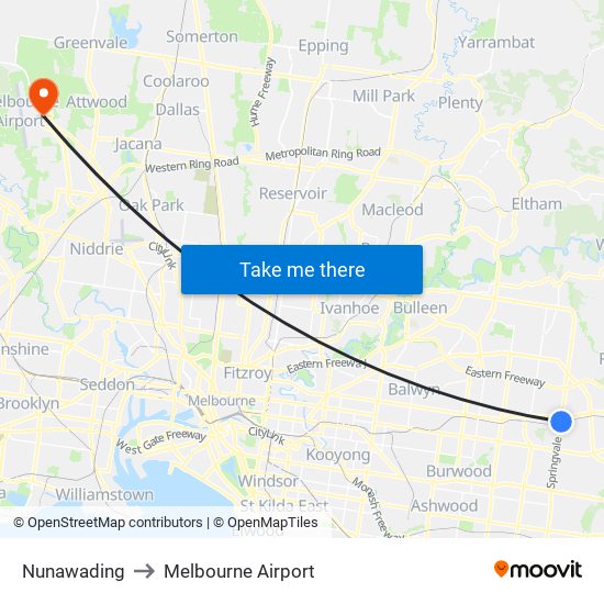 Nunawading to Melbourne Airport map