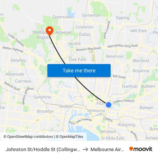 Johnston St/Hoddle St (Collingwood) to Melbourne Airport map