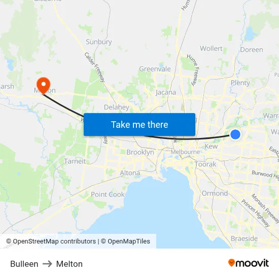 Bulleen to Melton map