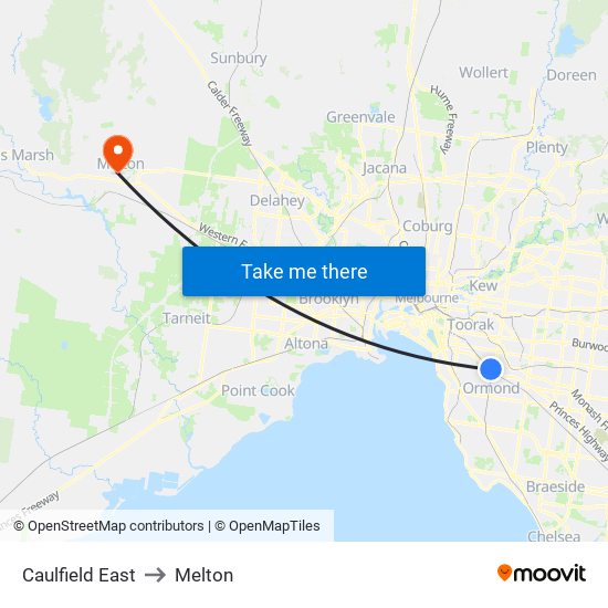 Caulfield East to Melton map