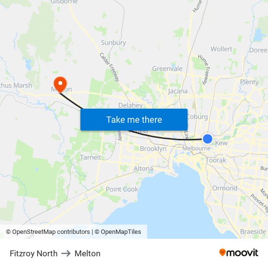 Fitzroy North to Melton map