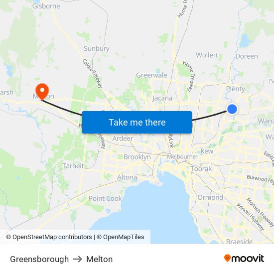 Greensborough to Melton map