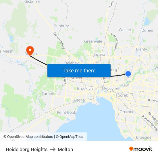 Heidelberg Heights to Melton map